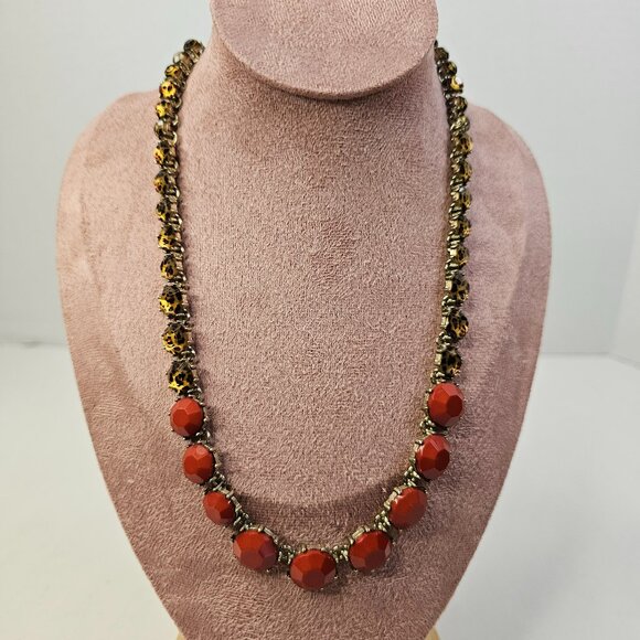 EL Erica Lyons Gold Tone Metal Animal Print Dark Red Beads Necklace Adjustable - Picture 1 of 8